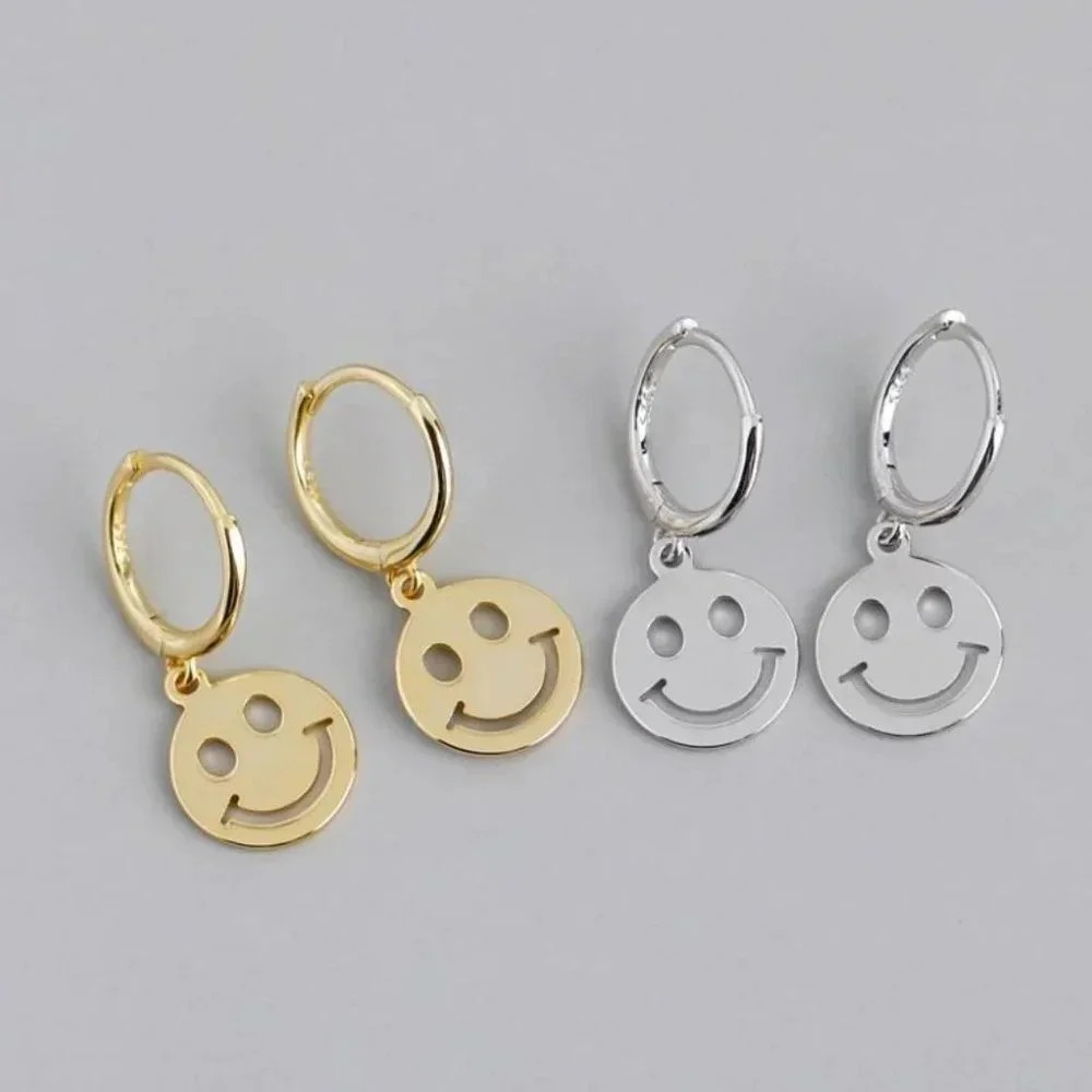 Sterling Silver Happy Face Smile Hoop Earrings